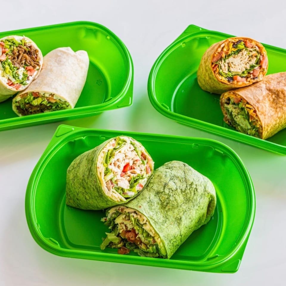 Three bright green containers each hold two halves of Garden of Eat'n healthy wraps.
